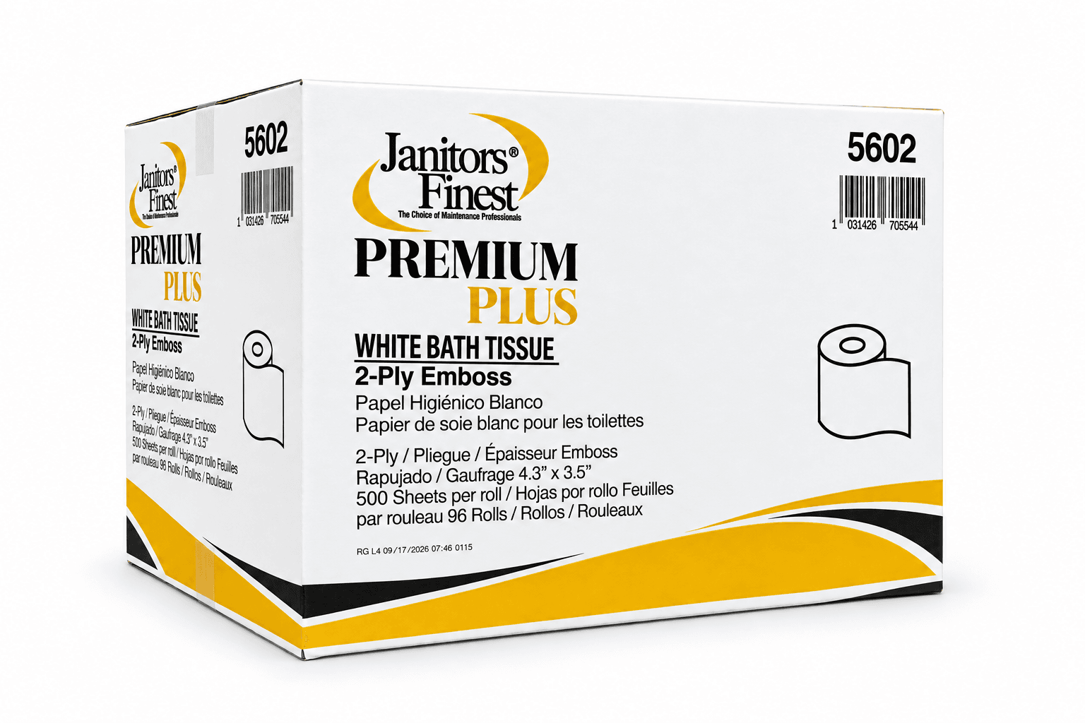 Case of 96 rolls — Janitors Finest Premium Plus 2-ply white bath tissue, SKU 5602